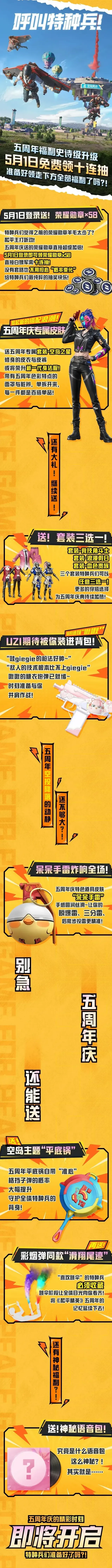 2026年2月更新和平精英五周年免费福利丨5月1日登录领十连抽，还送新套装、手雷皮肤！
